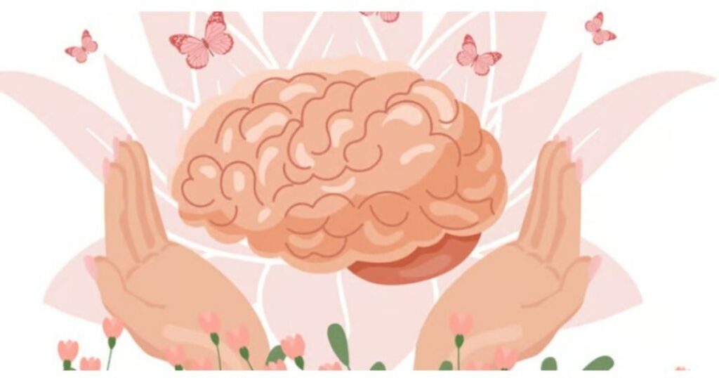 Illustration of two open hands cradling a brain, surrounded by butterflies and flowers